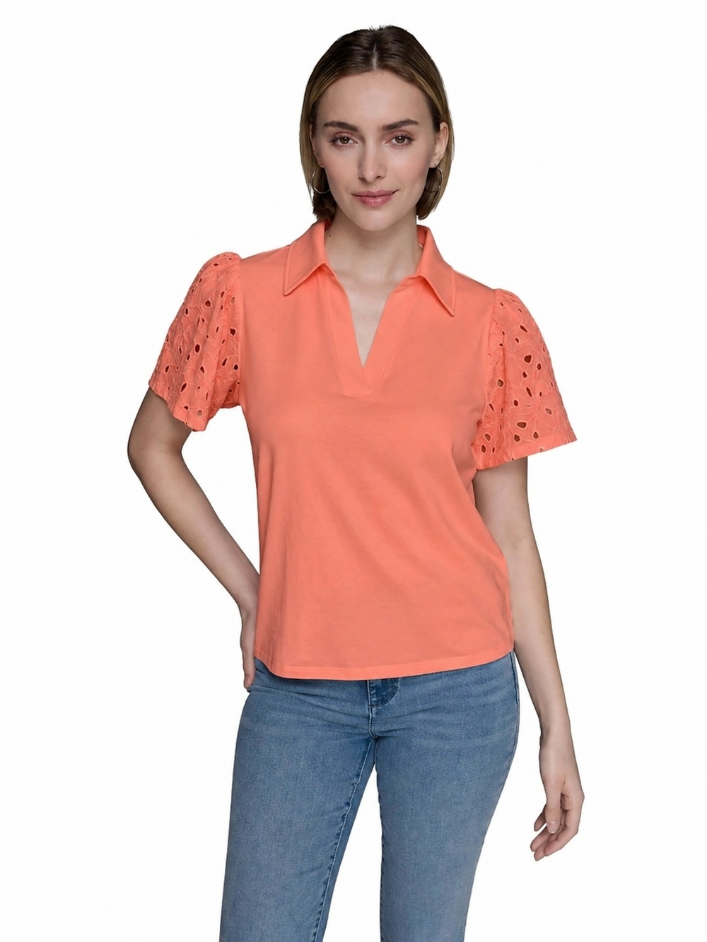 Karl Lagerfeld Coral Eyelet Puff Sleeve Tee Top Blouse Size M
